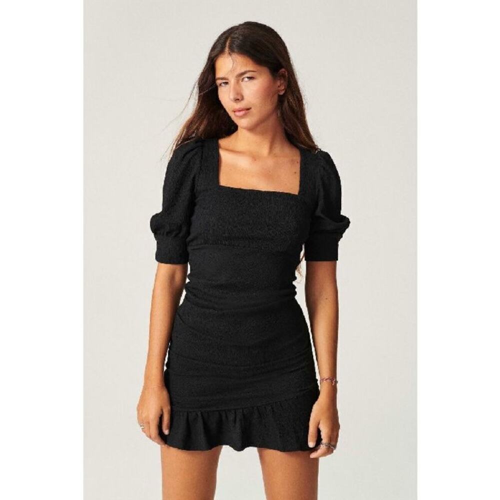 BA&SH Woody Ruffle Mini Dress Short Sleeve Square Neck Black US Size 8 NWT